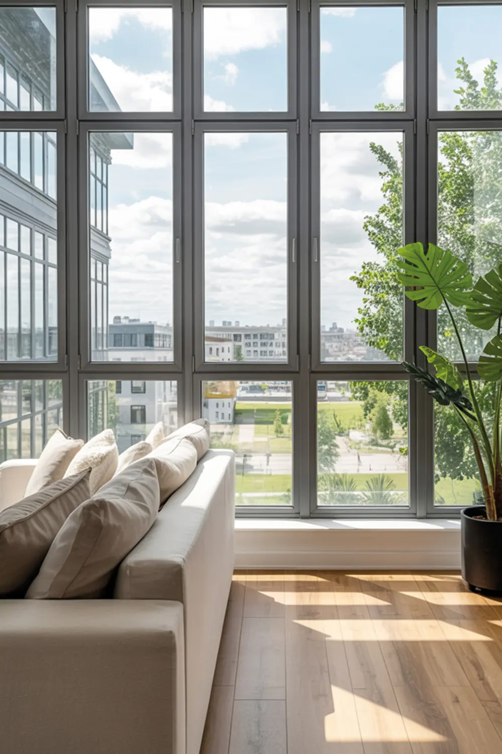 fenster koennen mehr fensterfront grauer rahmen wohnzimmer stadtblick